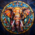 AI generated illustration of a stained glass portrait of an elephant against an abstract background