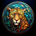 AI generated illustration of a stained glass portrait of a leopard against an abstract background