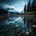 AI generated illustration of a star-filled night sky over a mountain landscape, with a small lake Royalty Free Stock Photo