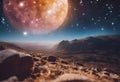 AI generated illustration of a starry night sky over mountains with shining lights Royalty Free Stock Photo