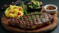 AI generated illustration of steak, mashed potatoes, and greens on wooden board Royalty Free Stock Photo