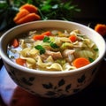 AI generated illustration of A steaming bowl of homemade chicken noodle soup