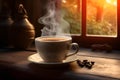 AI generated illustration of a steaming cup of coffee with a saucer and a few coffee beans Royalty Free Stock Photo