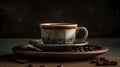 AI generated illustration of A steaming cup of coffee on a bed of freshly roasted coffee beans. Royalty Free Stock Photo