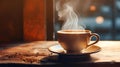 AI generated illustration of a steaming cup of freshly brewed coffee sitting on a wooden table Royalty Free Stock Photo