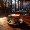 AI generated illustration of a steaming cup of freshly brewed coffee on a wooden table Royalty Free Stock Photo