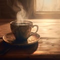 AI generated illustration of a steaming cup of freshly brewed coffee on a wooden table Royalty Free Stock Photo