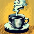 AI generated illustration of a steaming cup of freshly brewed coffee, with a yellow background Royalty Free Stock Photo
