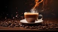 AI generated illustration of a steaming hot cup of coffee with a flame and wispy smoke Royalty Free Stock Photo