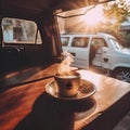 AI generated illustration of a steaming white mug of freshly brewed coffee in a car