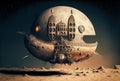 AI generated illustration of a steampunk spaceship landing on the moon