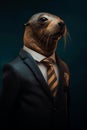 AI generated illustration of a Steller sea lion wearing a stylish suit and tie