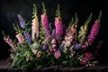 AI generated illustration of foxgloves and delphiniums in the style of an old master painting