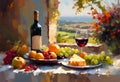 an oil painting of wine and cheese next to grapes and fruit Royalty Free Stock Photo