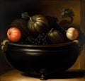 AI generated illustration of a still life painting of a bowl with seasonal vegetables and fruits