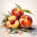 AI generated illustration of A still-life painting of four ripe and juicy peaches
