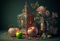 AI generated illustration of still-life with vintage vases, fruits and beautiful flowers