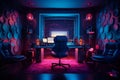 a computer desk in a blue room with pink lighting around it