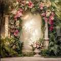 AI generated illustration of a stone archway with a decorative pillar, decorated with pink flowers Royalty Free Stock Photo
