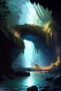 AI generated illustration of a stone bridge crossing over a rushing stream inside a natural cave