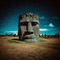 ancient stone face on a sandy field under a cloudy sky