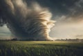 AI generated illustration of a storm approaching over a vibrant green field with dramatic clouds Royalty Free Stock Photo