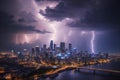 AI generated illustration of a storm passing over city skyline with lightning strike in background Royalty Free Stock Photo
