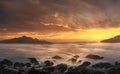 Ai-generated illustration of a stormy sea at sunset, sunny and cloudy sky background