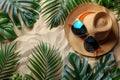 AI generated illustration of a straw hat, sunglasses, and banana leaf on sandy beach Royalty Free Stock Photo