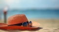 AI generated illustration of a straw hat with sunglasses on a sandy beach Royalty Free Stock Photo