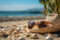 AI generated illustration of a straw hat and sunglasses on a sandy beach with shells Royalty Free Stock Photo