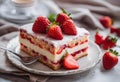 AI-generated illustration of A strawberry cake on a plate with fork and napkin Royalty Free Stock Photo