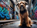 AI generated illustration of stray dog sits by graffiti-covered urban wall in alleyway Royalty Free Stock Photo