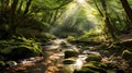 AI generated illustration of a stream surrounded by trees and illuminated by a beam of sunlight