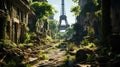 AI generated illustration of a street with ivy-covered buildings against the Eiffel Tower