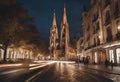 AI-generated illustration of a street scene with a beautiful Gothic cathedral at night