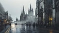 AI-generated illustration of a street scene on a foggy day with a Gothic cathedral in the background