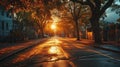 AI-generated illustration of a street at sunset, illuminated by a golden light shining through trees