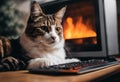 AI generated illustration of a striped cat lying in front of a computer keyboard near a fireplace Royalty Free Stock Photo