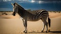 AI generated illustration of a striped zebra standing on a sandy dune in a desert landscape