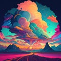 AI generated illustration of a stunning abstract landscape featuring a dreamy sunset