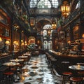 AI generated illustration of a stunning bar in a grand building with a decorative ceiling