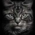 AI-generated illustration of a stunning black-and-white portrait of a cat with captivating eyes.