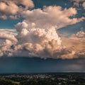 AI generated illustration of Stunning cumulonimbus clouds illuminated by the setting sun