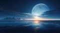 AI generated illustration of a stunning full moon illuminating a serene ocean landscape Royalty Free Stock Photo