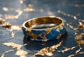 AI generated illustration of a stunning gold and blue ring against a marble backdrop