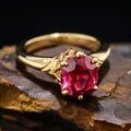 a pink stone in a gold ring on a rock, surrounded by tiny buds Royalty Free Stock Photo