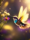 AI generated illustration of a stunning hummingbird in flight near a flower