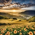 an image of sunflowers and sunset in a field Royalty Free Stock Photo