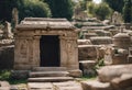 an image of a stone shrine and several trees in the background